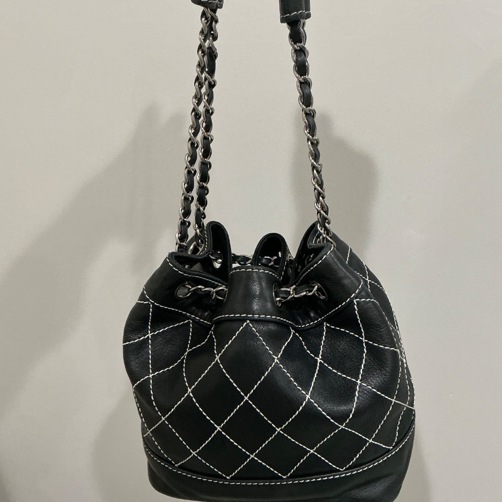 CHANEL Black  Quilted Leather Wild Stitch Bucket  Bag with Silver hardware - Picture 3 of 15